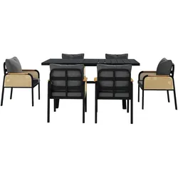 MODFU Outdoor-Tisch-und-Stuhl-Set aus Eisen, Schwarz/Natur, 148x80x75 cm, 1 Tisch mit 6 Stühlen und Kissen