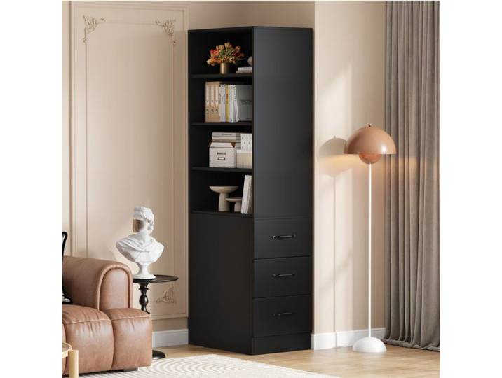 Bibliothèque étroite 180 cm meuble rangement noir 38 cm 3 tiroirs et étagères réglables TYNQER