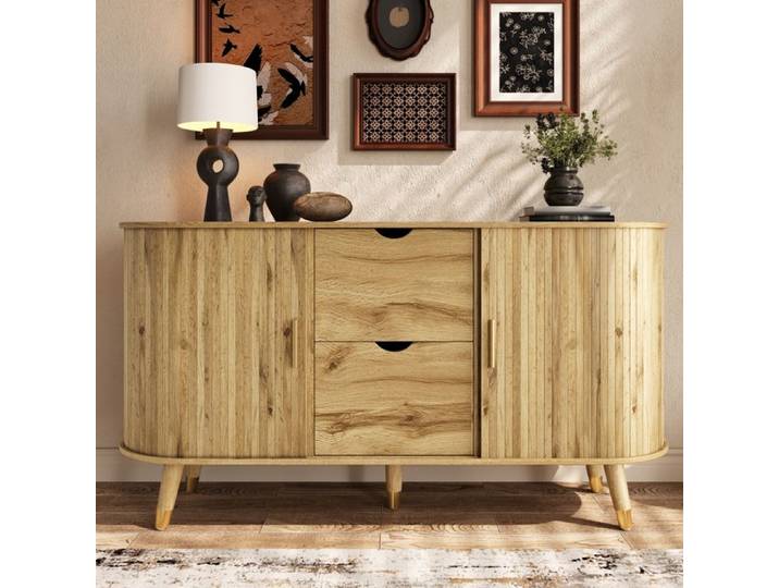 ROVRYN Buffet bas 140 cm avec 2 portes coulissantes 2 tiroirs étagères ouvertes MDF aspect bois naturel