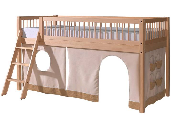 Spielbett VIPACK Forrest mit hochwertiger und stabiler Verarbeitung, Made in Europe , beige (buche natur, buche natur, buche natur), B:135,5cm H:114cm L:207,5cm, Betten, Ausf. Buche massiv natur, inkl. Textilvorhang 3-tlg.