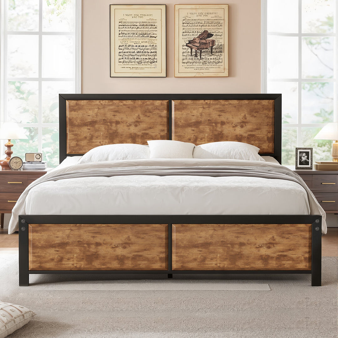 Rio Single/Double Size Bed Frame with Wood Headboard and Footboard, Metal Platform Mattress Foundation with Strong Steel Slats, No Box Spring Needed Rustic Brown Double (4'6)