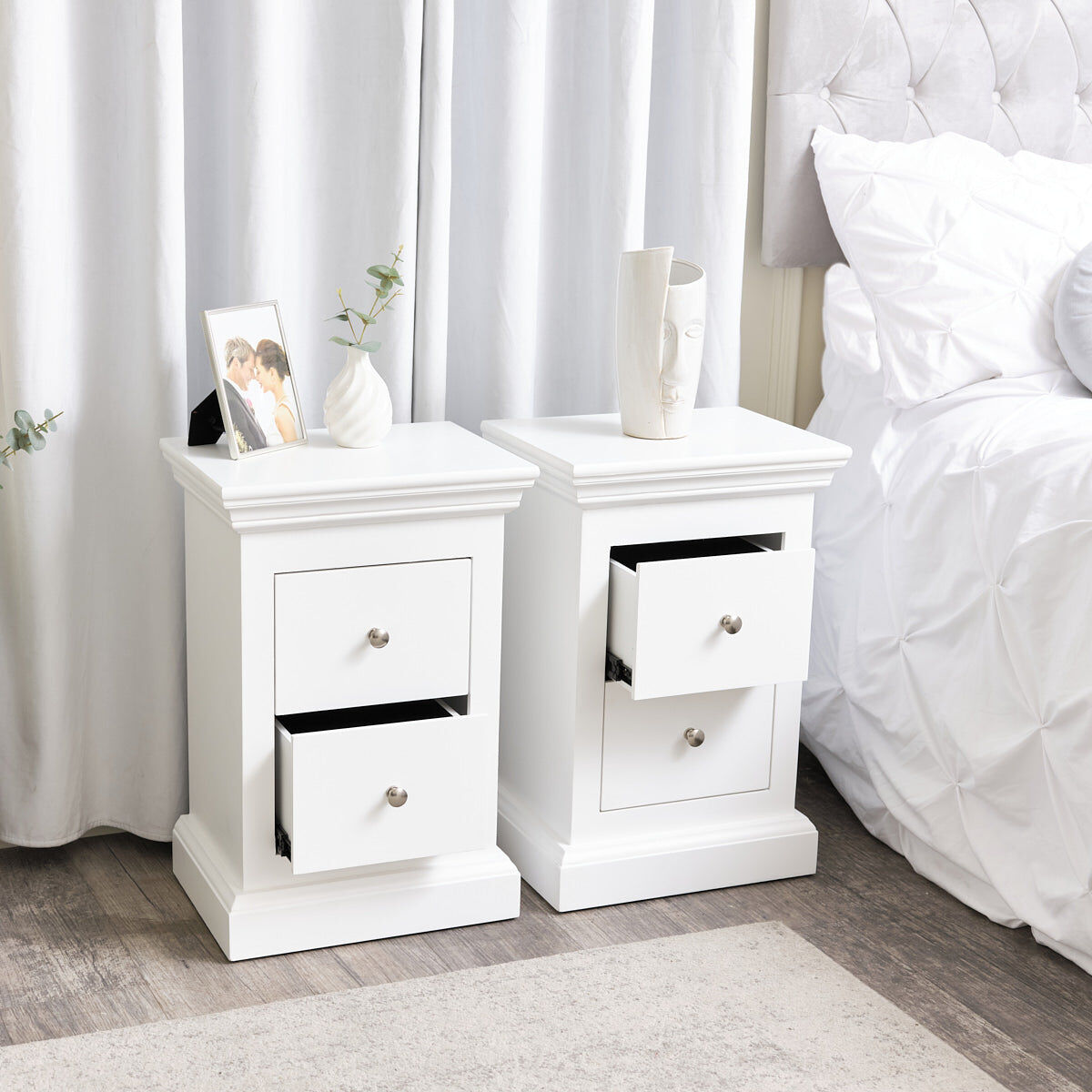 Pair of White 2 Drawer Bedside Tables - Slimline Haxey White Range Wood, Metal