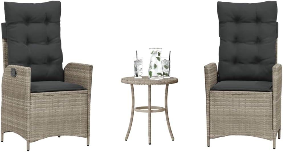 3-teiliges Bistro-Set mit hellgrauen Kissen aus Poly-Rattan für Garten und Balkon, wetterfeste Loungemöbel für Terrasse und Balkon mit Sesseln und Balkonstühlen