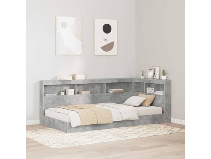 RJPLMFV Kopfteil, Beton, Grau, 100 cm, Holz L-Form, Ablageböden, integrierte Ladestation, modernes Design