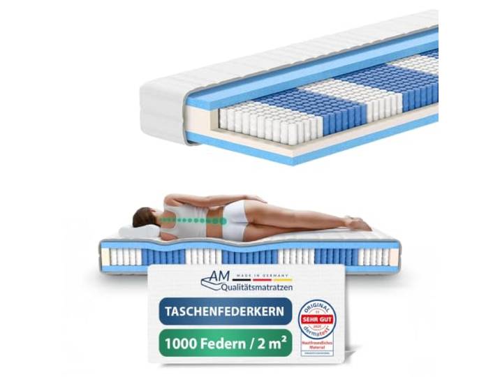 AM Qualitätsmatratzen 1000 Federn Taschenfederkernmatratze 200x220cm H5 24cm - Made in Germany & Oeko TEX Siegel - Federkernmatratze 200x220 mit Lyocell Bezug - 7 Zonen Matratze 200x220 H5