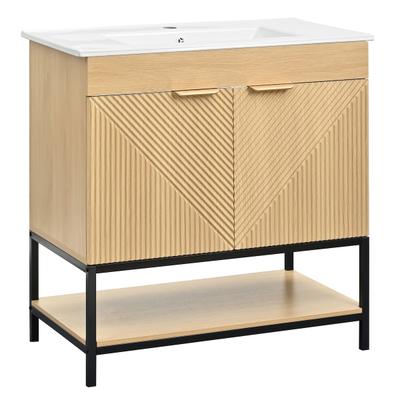 Merax Waschtischunterschrank 81 x 47 x 84 cm mit Keramikwaschbecken, Schublade, offenen Fächern und Metallgestell, Naturholzoptik