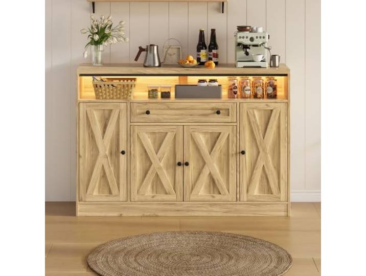 Merax Sideboard, Küchenschrank mit Scheunentor-Design & LED-Beleuchtung, Vorratsschrank mit Schublade und Türablagen, Küche, Esszimmer & Wohnzimmer, 35x140x95cm, Naturholzfarbe