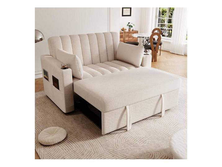 LuxusKollektion Schlafsofa Schlafsofa 2 Sitzer Schlaffunktion Getränkehalter Kissen Beige C