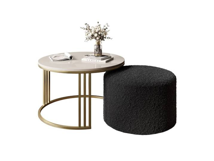 COUCHTISCH mit Hocker LORI Hochglanz gebürstetes Gold/glänzender Kaschmir/Coral 60