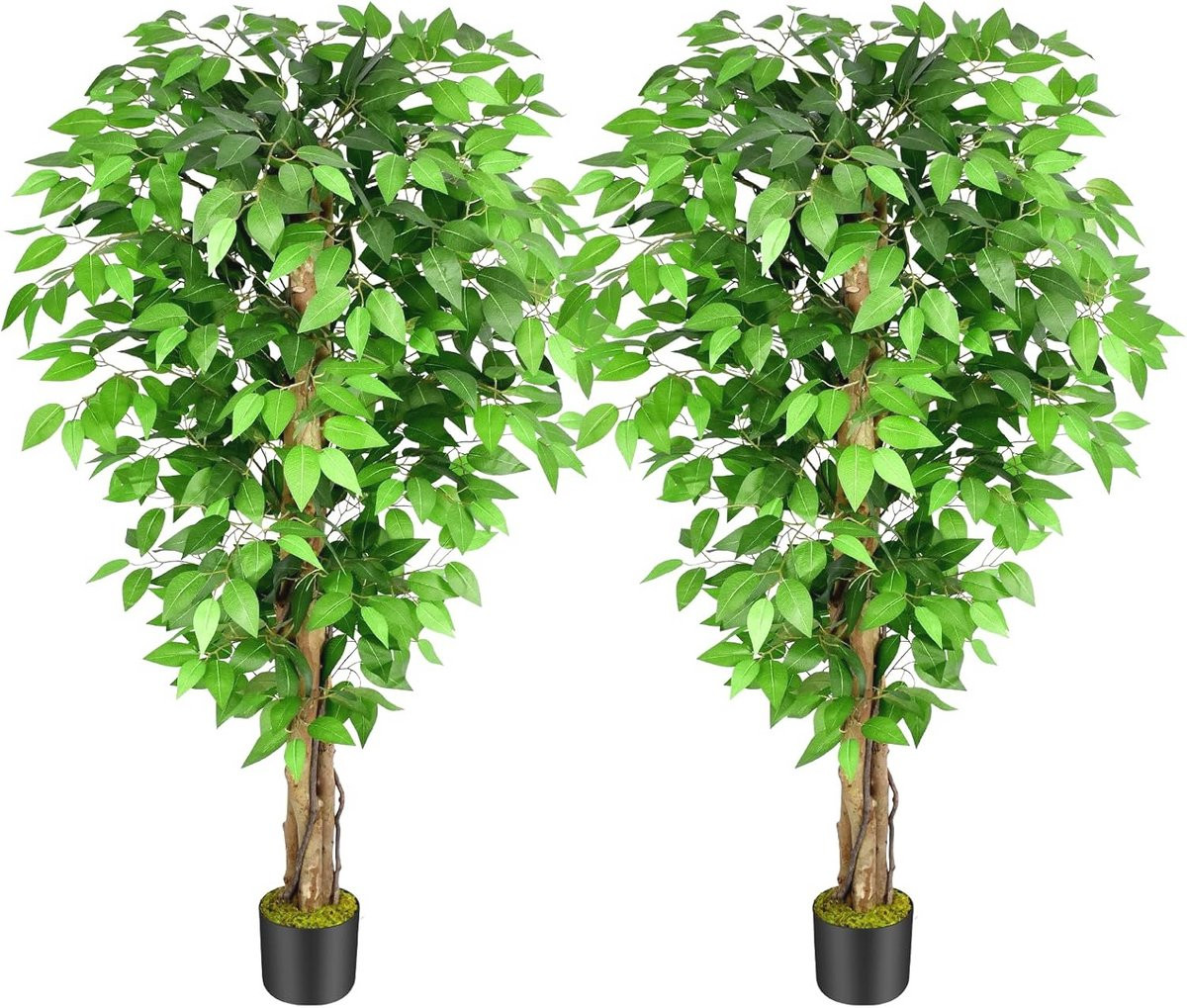 Set van 2 kunstficus bomen met gebogen stam, 1,5 m hoog, realistische groene interieurdecoratie