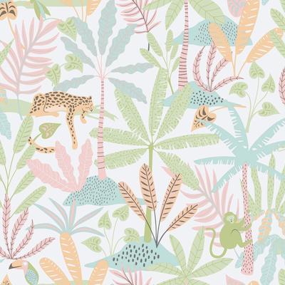 Galerie Wallcoverings Bambino Collection Jungle Animals and Leaf Matte Finish Non-woven Wallpaper Roll