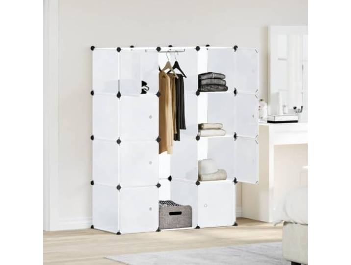 Modularer Schrank mit 9 Fächern 109x36,5x143 cm Weiß Kunststoffelemente, verchromter Stahldraht, einfache Reinigung, schneller Aufbau, flexible Kombinationen