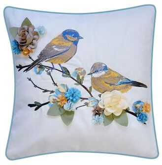 Indoor/Outdoor Embroidered Birds On Floral Branch Decorative Throw Pillow 18X18, Capri Multi by Edie at Home in Capri