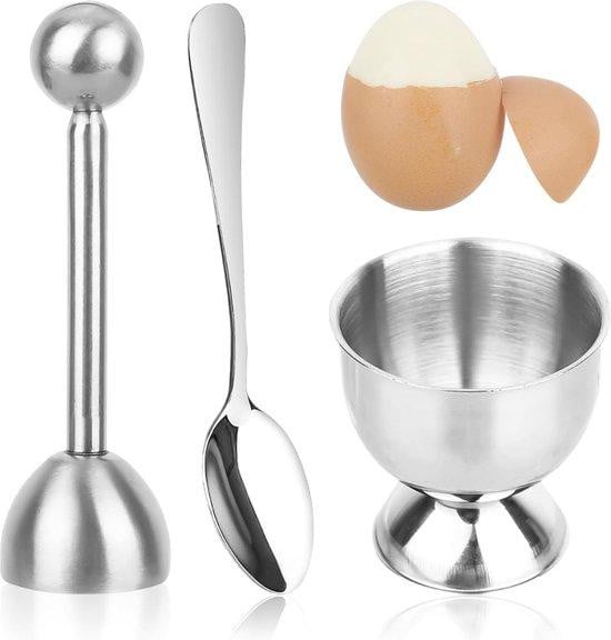 Eieropener en eiersnijder in roestvrij staal, zilver