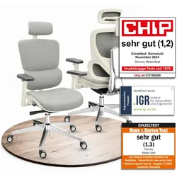 CLOUVOU MasterSeat, ergonomischer Bürostuhl, höhenverstellbare Rückenlehne mit thermoregulativem Bezug, 4D-Armlehnen, 3D-Kopfstütze, Creme-weiß