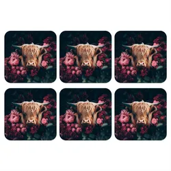 GLASUNTERSETZER 6er-Set Kuh - Schottischer Highlander - Blumen - Botanisch Telleruntersetzer 10x10 cm
