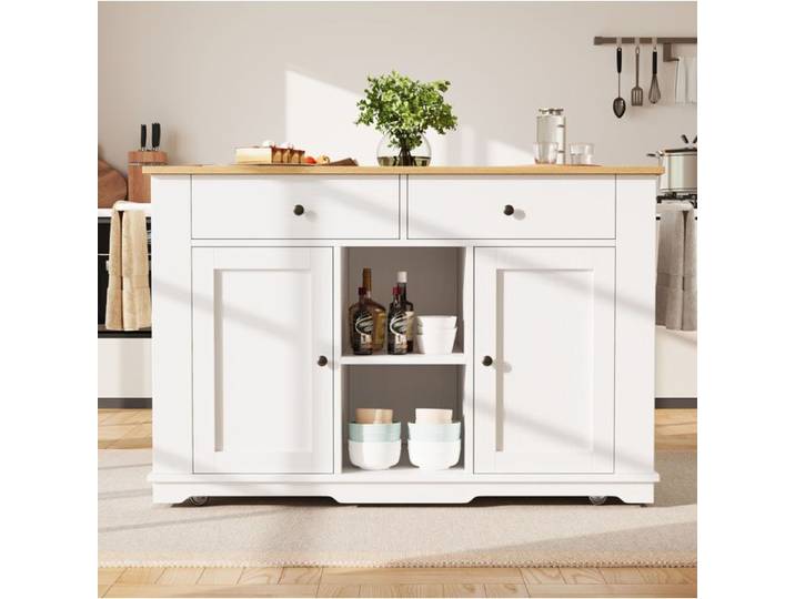 Îlot de cuisine avec multiprise intégrée plan de travail rangement meuble sur roulettes desserte multifonctionnelle blanc