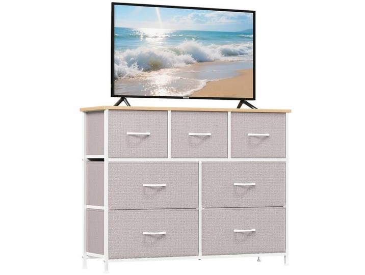 Commode de Rangement 7 Tiroirs en Tissu - Meuble Moderne Gris Cendré pour Chambre et Enfant