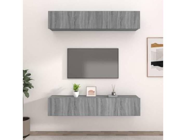 HEFZGDB TV-Schrank Set 4 Stück Grau Sonoma 80x30x30 cm Holzwerkstoff mit Wandmontage und Stauraum Fächer für Wohnzimmer Einrichtung