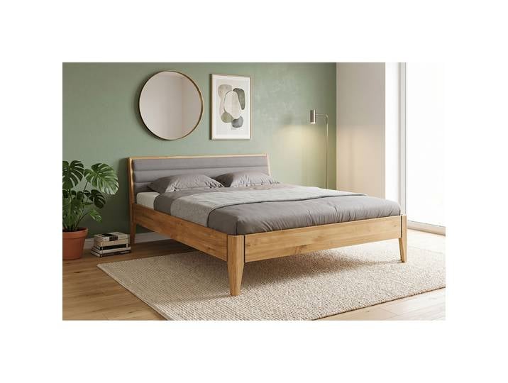 Massivholzbett Ovon mit Polsterkopfteil 160 x 200cm Flachgewebe Braun Eiche