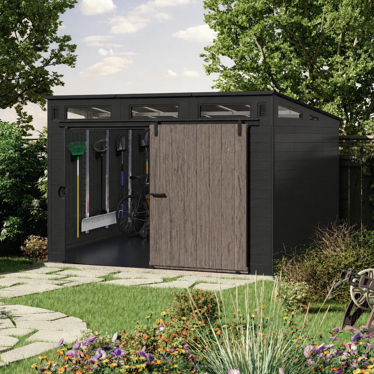 Suncast Kunststoff-Gerätehaus Modernist mit Schiebetür - stahlverstärkt (Woodland)