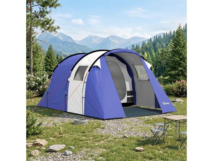 Outsunny Tente Camping 4 Personnes 2 Chambres Imperméable Bleu