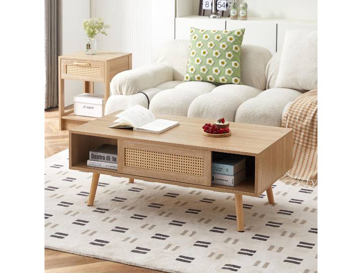 STILVORA Couchtisch mit Korbgeflecht und Schiebetüren, Wohnzimmertisch mit Massivholzbeinen im modernen Design, Beistelltisch in natürlicher Holzfarbe
