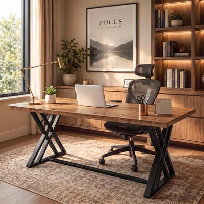 YUZHOU 63 Inch Solid Wood Computer Desk, Farmhouse Home Office Workstation Table, X-Shaped Heavy-Duty Metal Frame