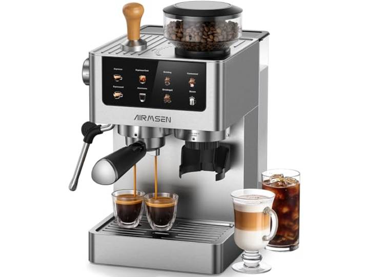 AIRMSEN 20 Bar Siebträgermaschine mit Kegelmahlwerk & Milchschäumer, 1.8L Wassertank, Edelstahl Espressomaschine Kaffeemaschine für Americano, Cappuccino und Latte