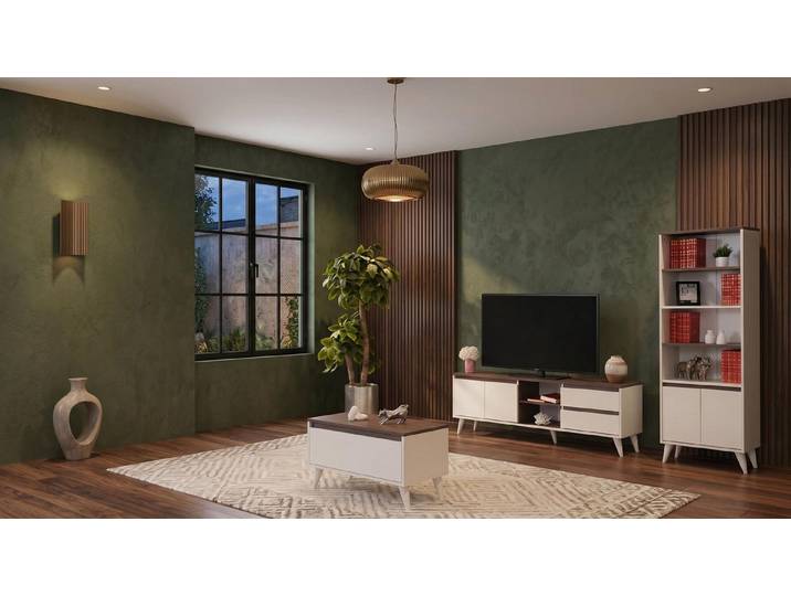 JVmoebel TV-Wand Beige-braunes Wohnzimmer-Set TV-Schrank Couchtisch Bücherregal TV-Ecke, Made in Europa