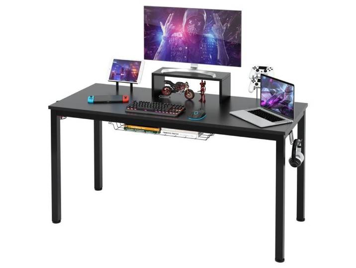 COSTWAY Bureau Gaming / Table pour Gamer 140 x 60 x 74 cm (L x l x H) - Etagère pour Ecran Support pour Tablette Crochet Casque