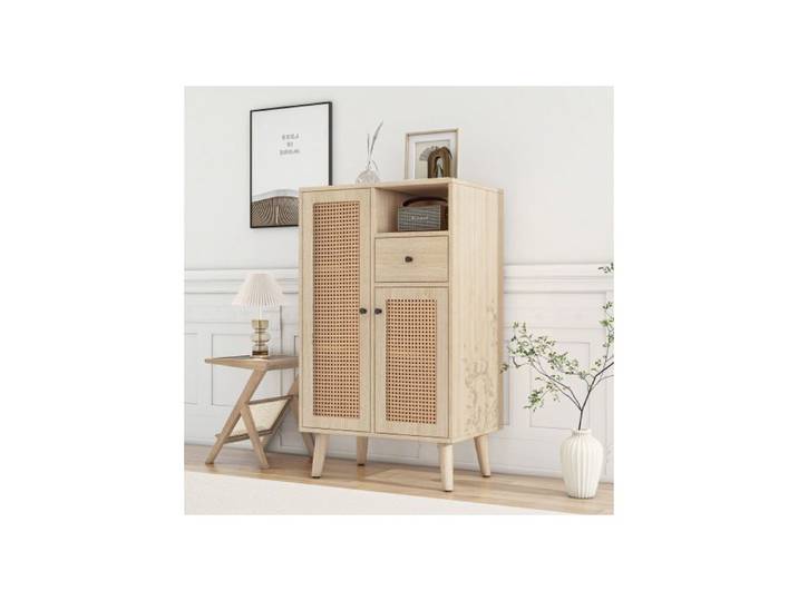 Buffet - MUVOE - 2 portes en rotin - 1 tiroir - Bois massif - 60x40x101cm