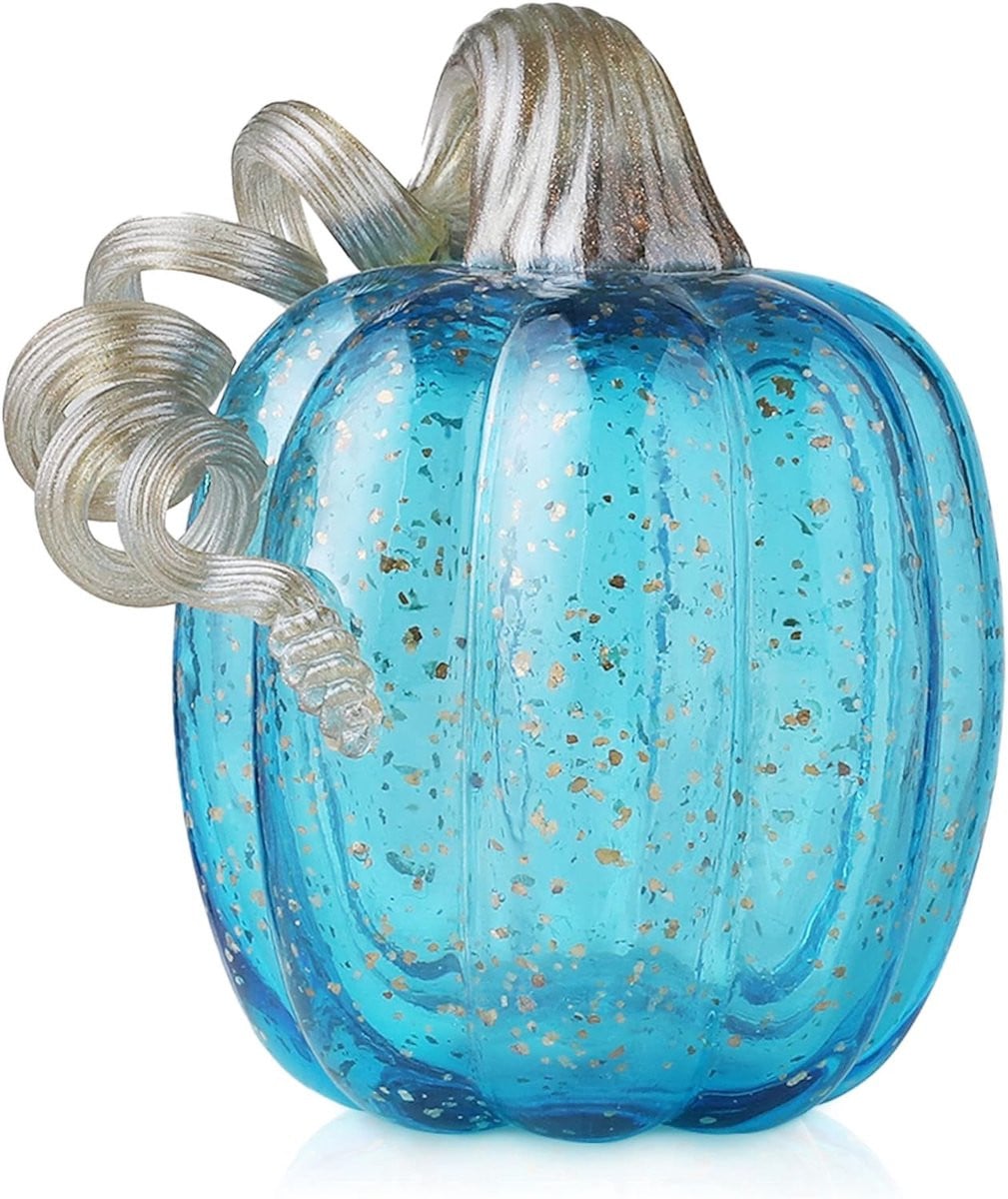 Blauwe handgeblazen glazen pompoen decoratief figuur voor op tafel, Hoogte: 15,5 cm