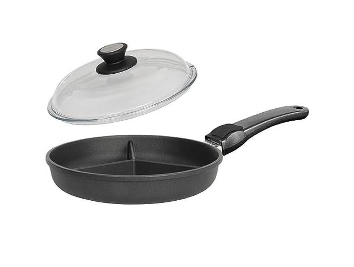 SKK 2-tlg. Guss Antihaft Pfanne 28 cm 3-fach geteilt Griff abnehmbar - ohne Induktion - ideal zum Braten dreierlei Speisen & Deckel - Made in Germany