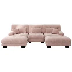 MODFU Modulares U-förmiges Ecksofa 313x145x81, Rosa aus Chenille mit tiefen Sitzen, Ottomans und flexibler Anordnung
