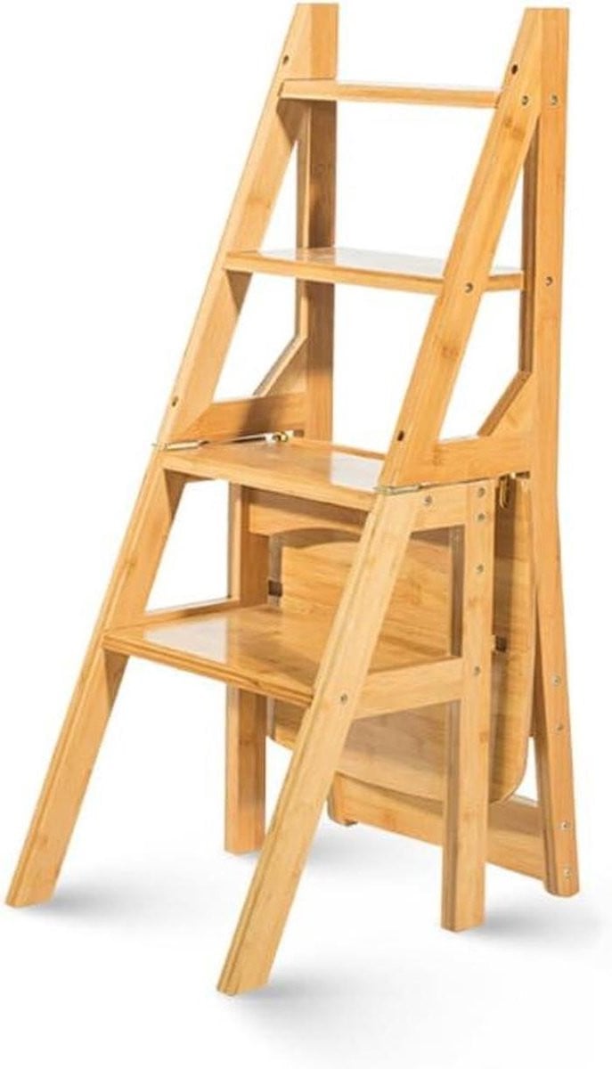 Multifunctionele opvouwbare ladderstoel met 4 treden in houtkleur