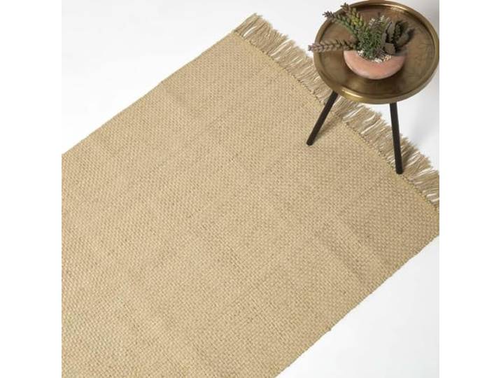 Homescapes Zaphyr Jute-Teppich Natur 90x150 cm, Flachgewebe-Teppich Naturfasern, Naturteppich mit Fransen