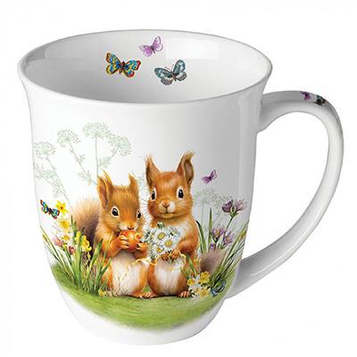 Ambiente Tasse 10cm Porzellan mit Eichhörnchen & Blumen Motiv - 0,4L Keramiktasse Porzellangeschirr Kaffeetasse Teetasse Kakaotasse Frühling Sommer Weiß Braun
