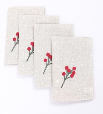 Manor Luxe "Holly Berry Branch Christmas Napkins, 20""x20"", Set of 4"