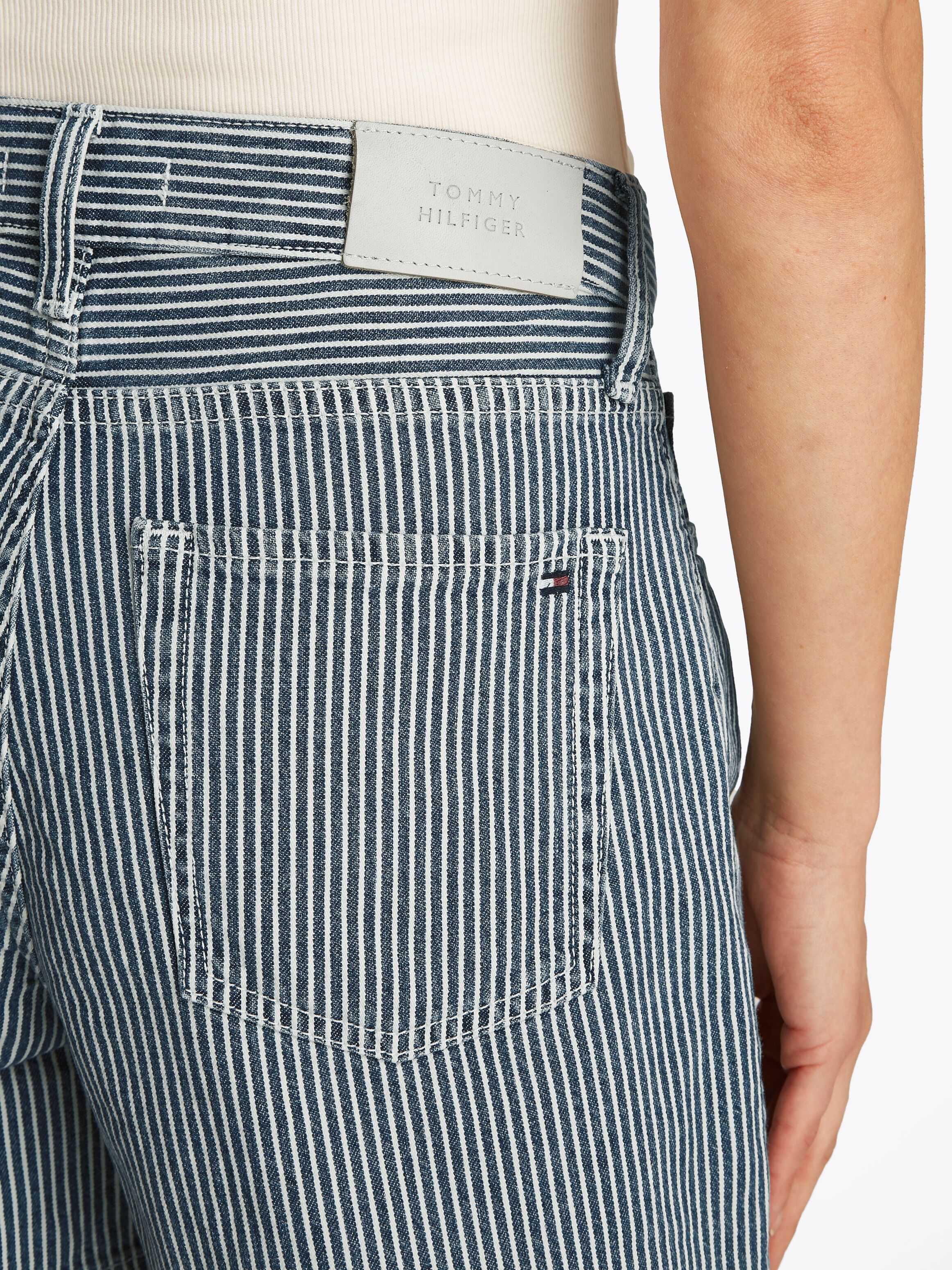 Shorts TOMMY HILFIGER "DNM MINI SHORT HW JAZ", Damen, Gr. 33, N-Gr, blau (jaz), Denim/Jeans, Obermaterial: 100% Baumwolle, gestreift, regular fit mini, Hosen Shorts, mit Streifen-Muster