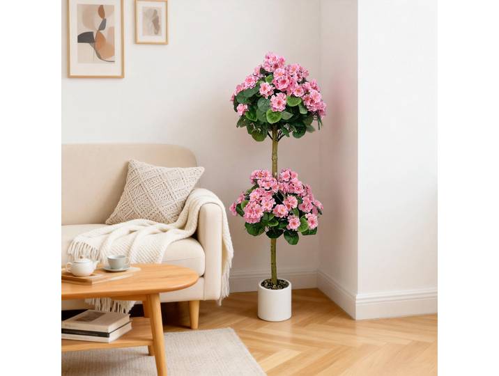 Arbre topiaire artificiel réaliste de 120 cm en forme de double boule de géranium, plante en pot artificielle avec fleurs pour la décoration intérieure et extérieure