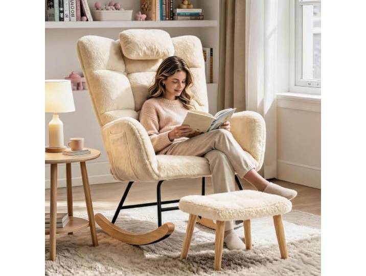 GarveeHome Schaukelstuhl Mit Kopfstütze, Hohe Rückenlehne, Beige Hohe Rückenlehne, breite Armlehnen, Wippbasis – ideal für Schlafzimmer Mit Fußstützen, Büro oder Babyzimmer.