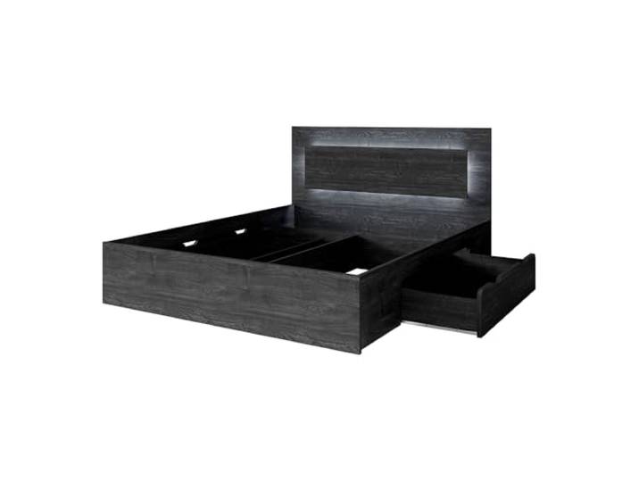 Lomadox Schlafzimmer Doppelbett Bettgestell 180x200cm mit 2 Schubladen und Beleuchtung, Portland Esche schwarz