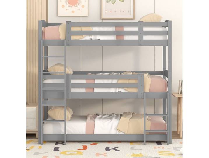 Lit superposé triple enfant en pin gris avec échelles intégrées