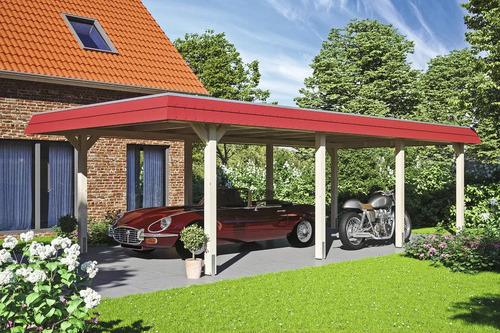 Einzelcarport SKAN HOLZ Wendland rote Blende inkl. Pfostenanker 409 x 870 cm natur