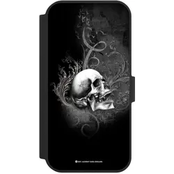 Nivocase Klapphülle für Apple iPhone 15 Handyhülle aus Kunst Leder NIVOflip schwarz Gothic Schädel (Apple iPhone 15), Smartphone Hülle, Schwarz