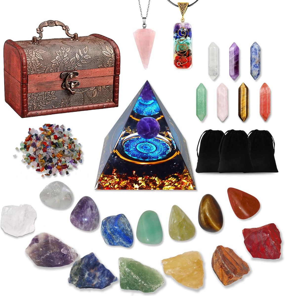 Kristallen Edelstenen Set van 29 met Chakra Stenen, Helende Stenen, Kristallen Halskettingen en Piramide