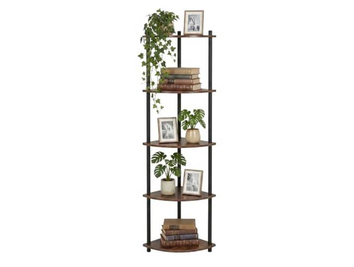 Relaxdays Étagère d'angle\, Marron/Noire 143\,5 x 38 x 25 cm\, 5 niveaux\, étagère salon sur pied\, MDF\, bambou\, industriel