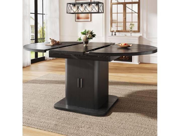 ULEVR Table à manger extensible ovale noire avec rangement intégré portes coulissantes MDF et métal