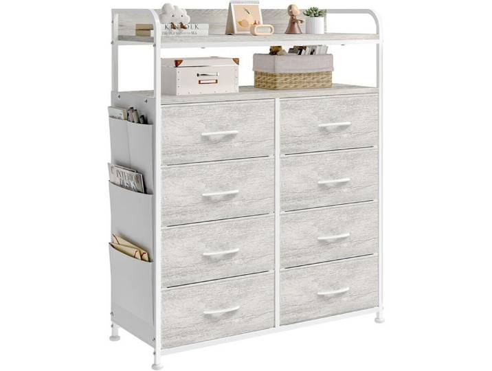 Commode Chambre Grand Rangement Plateau Chêne Blanc Structure Métallique Meuble Polyvalent Pour Salon Entrée Et Chambre